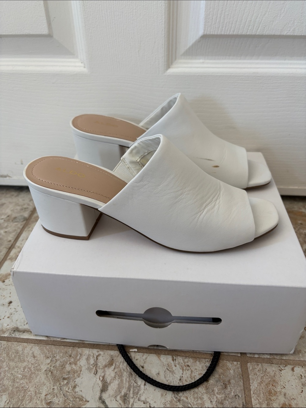 Aldo White Open-Toe Block Heel Mules